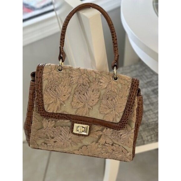 Gorgeous Clever Carriage Handbag Brown Beige Lace Made in USA Satchel Expandable - Picture 1 of 15